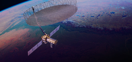 Rappresentazione artistica del riflettore dell'antenna radar di NISAR. Crediti: NASA